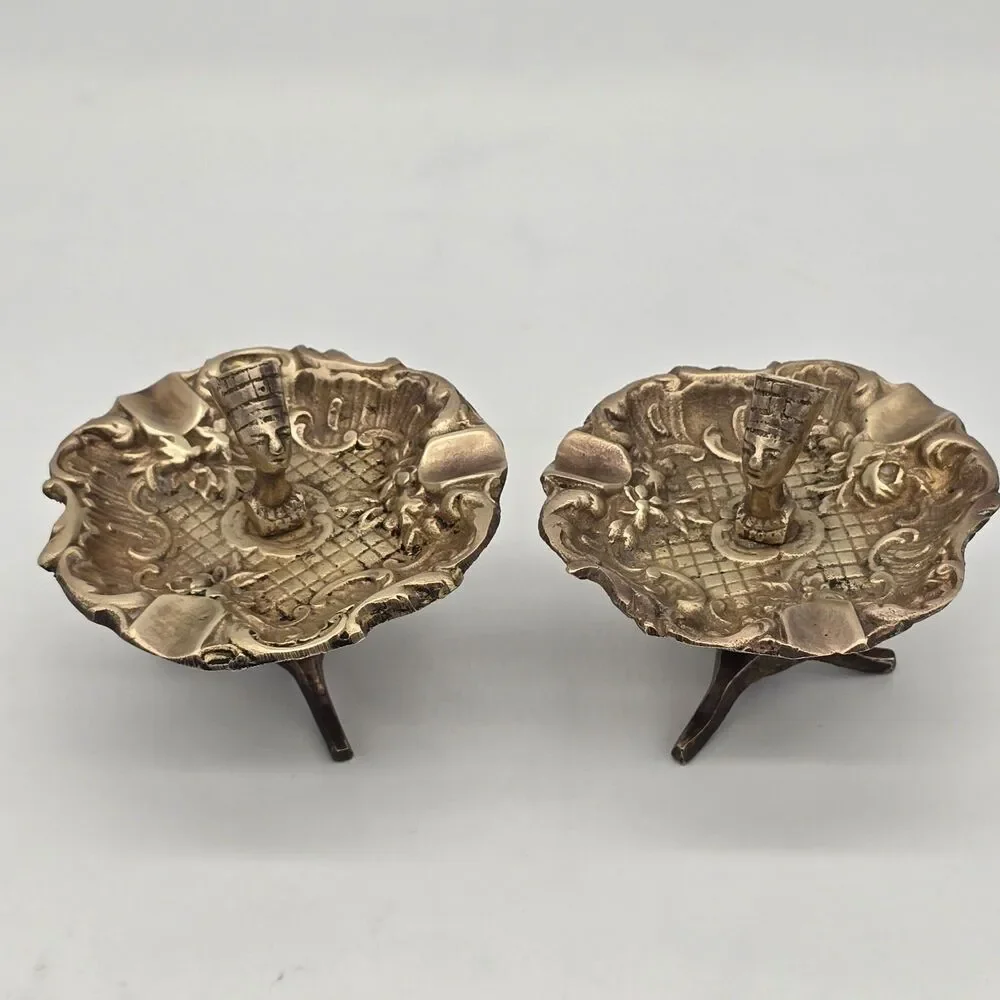 Set of 2 Vintage Queen Nefertiti Brass Ash Trays Trinket Dishes
